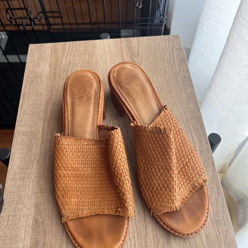 Woven Tan Frye Slide Sandals